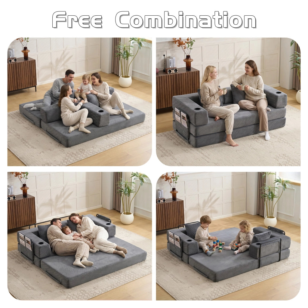 Divano letto pieghevole con funzione letto, tasche laterali e portabicchieri in velluto a coste grigio scuro per salotto