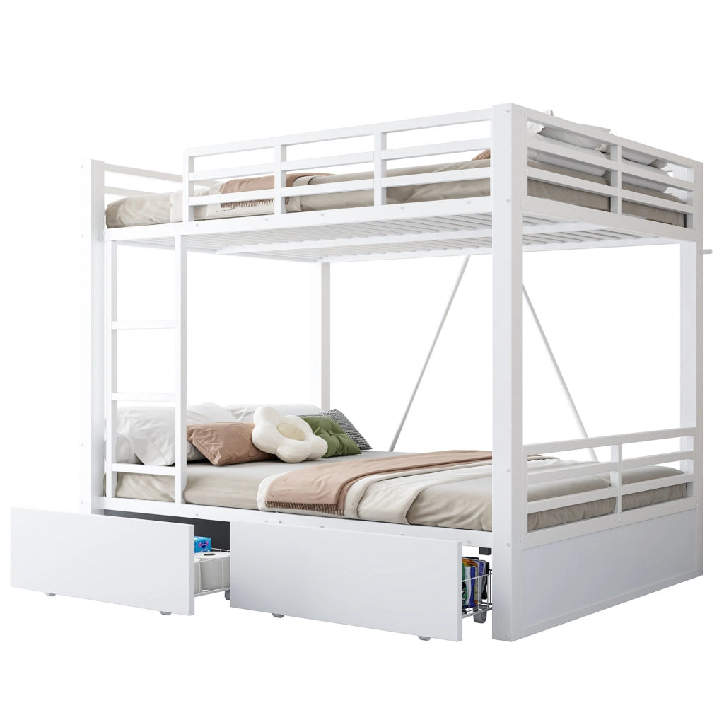 Letto a castello 140x200 cm con cassetti e scala in metallo e legno bianco