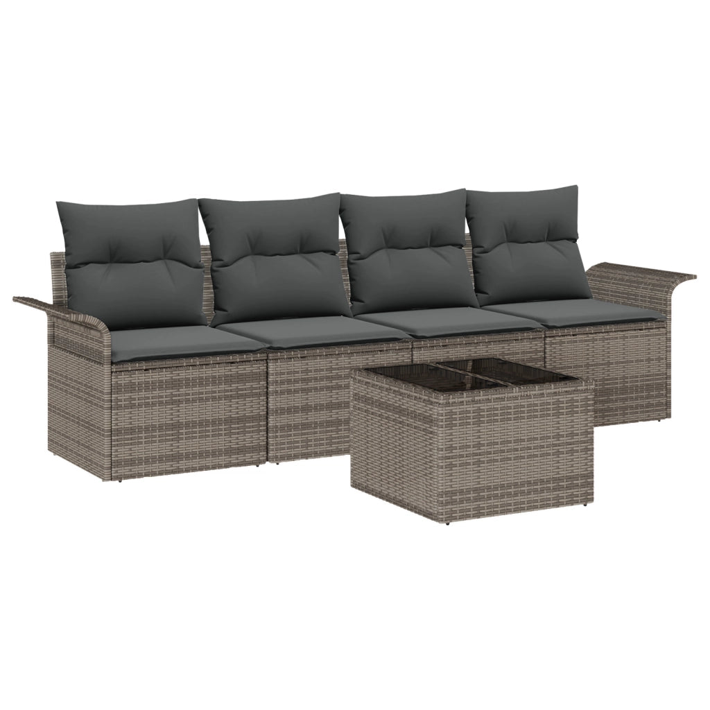 Set Divano da Giardino a 5 Pezzi con Cuscini Grigio Polyrattan