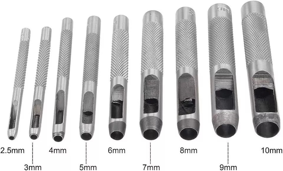 FUSTELLE IN ACCIAIO SET 9 PZ  PER CUOIO LAMIERE STOFFA PLASTICA LEGNO PUNZONI