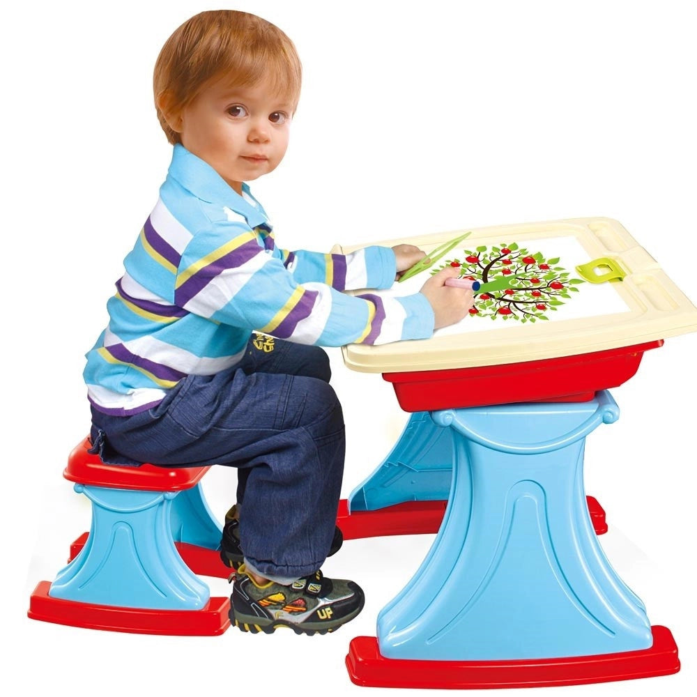 Trade Shop - Banco Scuola Scrivania Celeste + Sedia Piano Ribaltabile Con Vano Porta Oggetti -