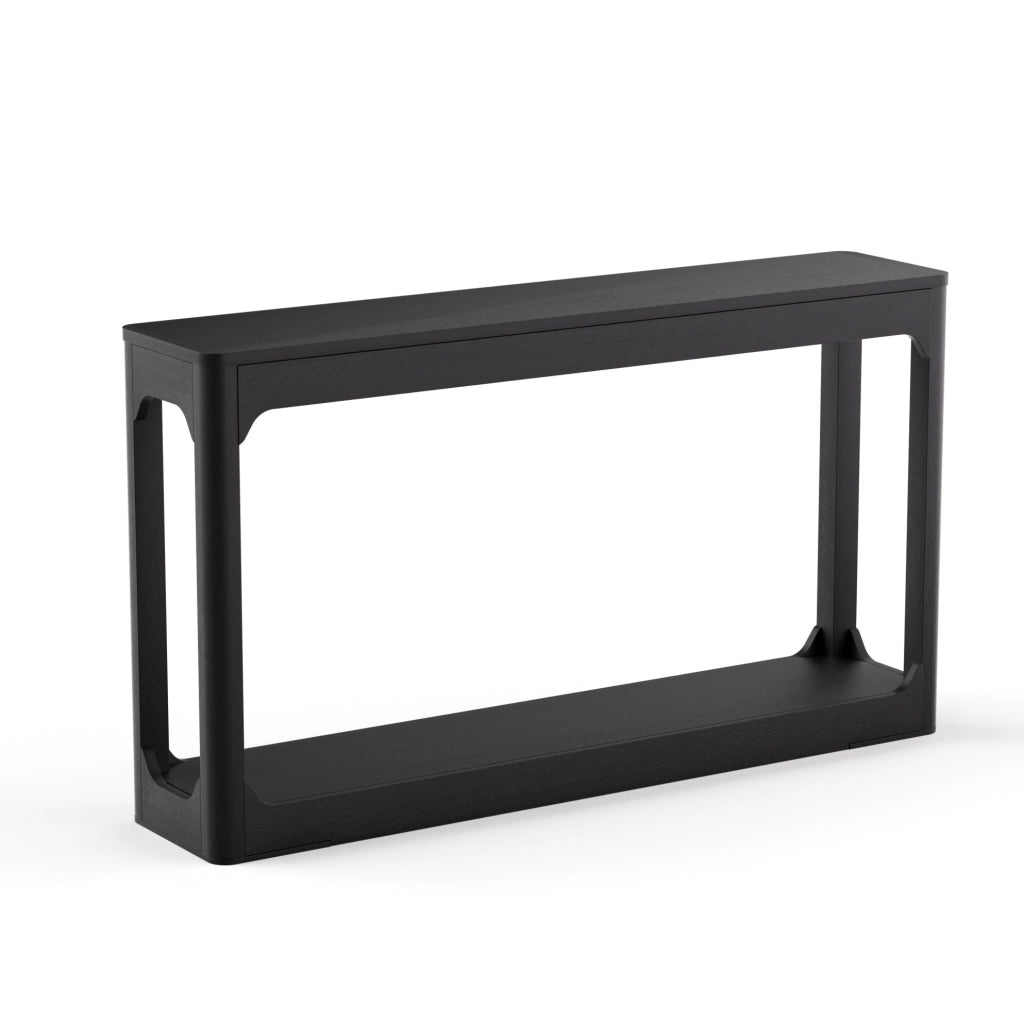 Tavolo consolle stretto 140 cm in MDF nero con ripiani aperti