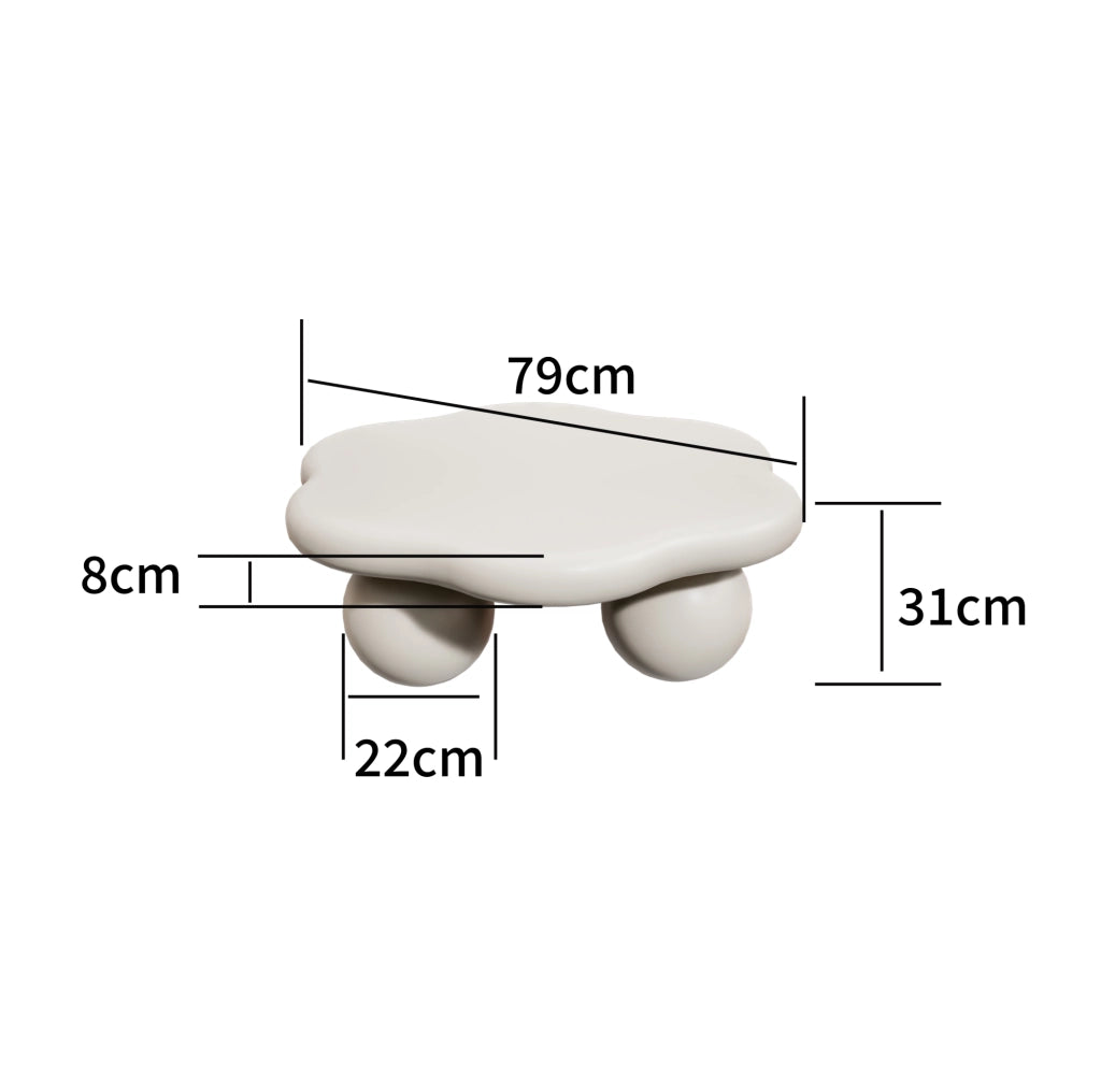 Tavolino da caffè 79x79x31 cm a forma di nuvola con gambe sferiche in MDF e plastica crema