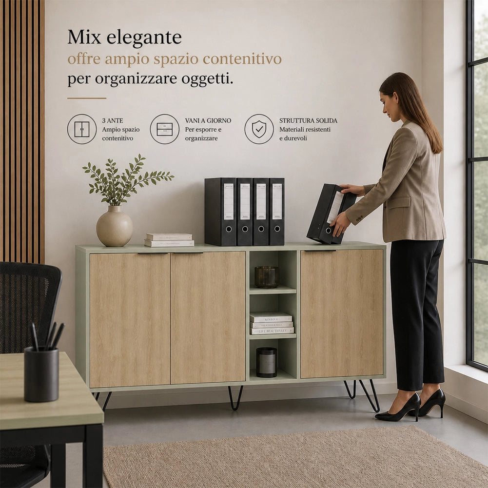 Madia Moderna Credenza con 3 Ante e Vani a Giorno 142x83 cm Quercia e Verde