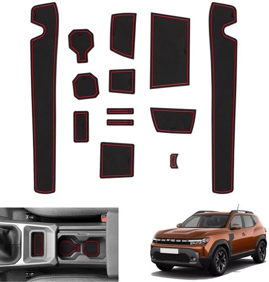 Antislipmattone per Dacia Duster 3 2024-2025, Mattoncini in gomma per Dacia Duster III a partire dal 2024 - Antislipmattone per console centrale, Portabibite Deurnaadmatten, Accessori per Dacia Duster 3 (Rosso)