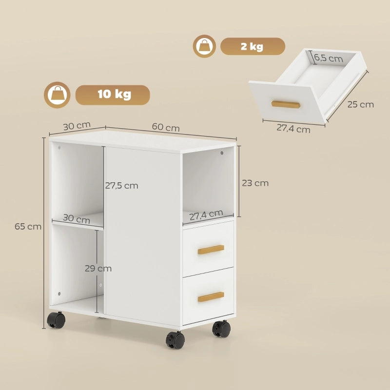 Mobile contenitore per stampante con 2 cassetti e 3 vani aperti, ripiano regolabile e ruote, per ufficio, bianco, 60 × 30 × 65 cm