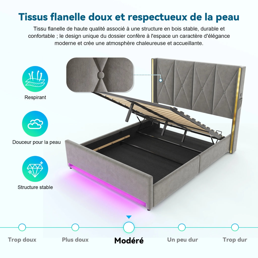 Letto Contenitore 160x200 cm; Matrimoniale; USB; Type-C; LED; Tasche; Velluto; Grigio Scuro
