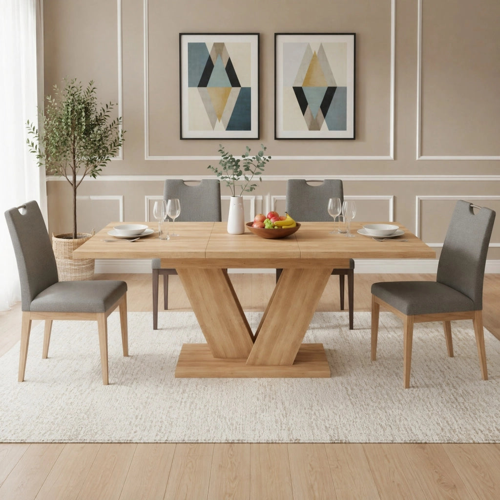 Tavolo da pranzo allungabile 140/180 x 80 cm, 4-8 posti, effetto rovere, gambe a V in metallo