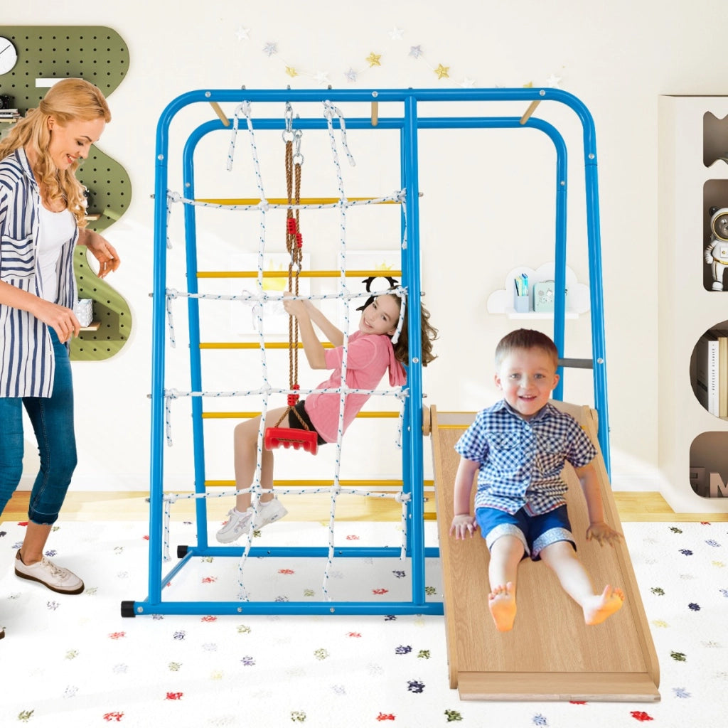 Set da arrampicata di metallo montessori 6 in 1 con scivolo altalena sbarre, Parco giochi da interno per bambini Blu-Arrampicate e scivoli