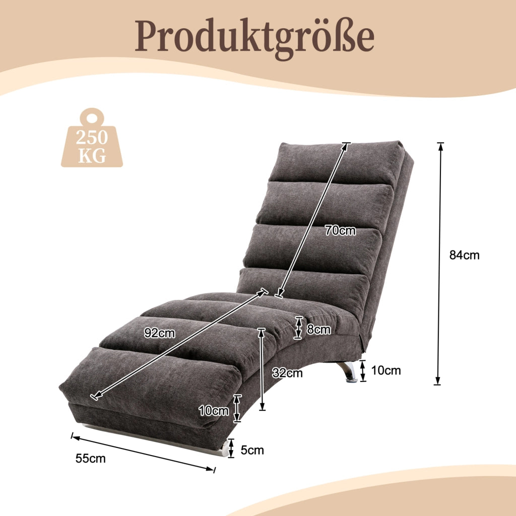 Chaise longue relax con vibrazione; schienale ergonomico 140°; in lino grigio scuro; 55x148x84 cm