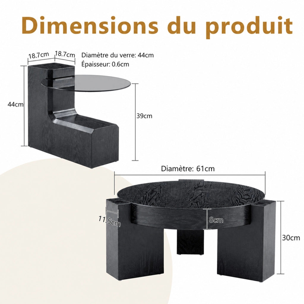 TAVOLINO DA CAFFÈ ROTONDO A 2 RIPIANI 61 CM NERO E VETRO GRIGIO Set da 2 pezzi