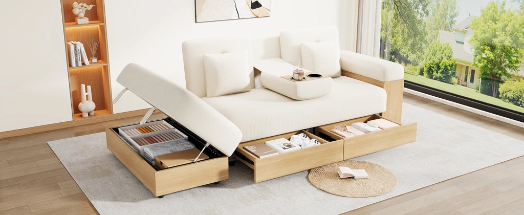 Divano Letto con Contenitore 3 Posti in Ciniglia Beige 217 cm