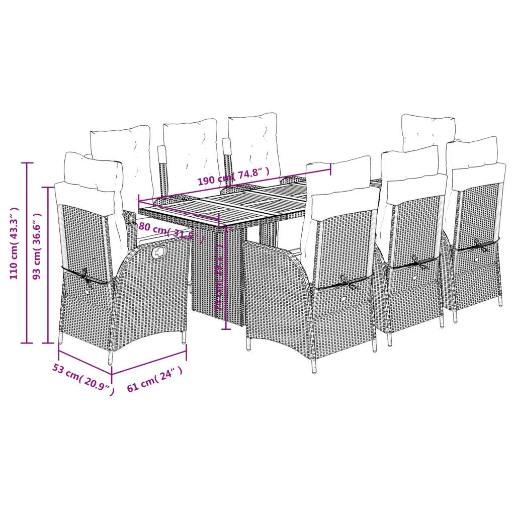Set da Pranzo da Giardino 9 pz con Cuscini Nero in Polyrattan