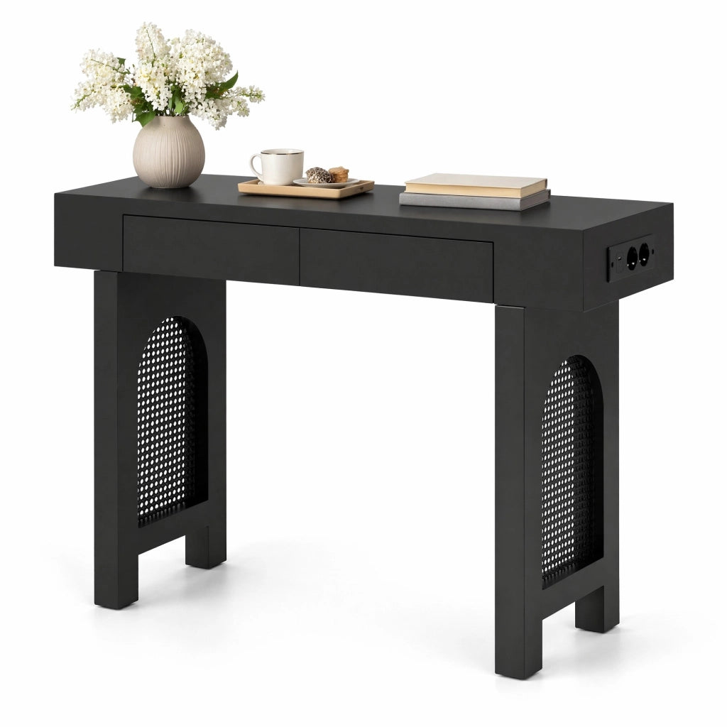 Tavolo consolle con 2 cassetti e multipresa USB/Type-C 120x35;5x76;5 cm in MDF nero