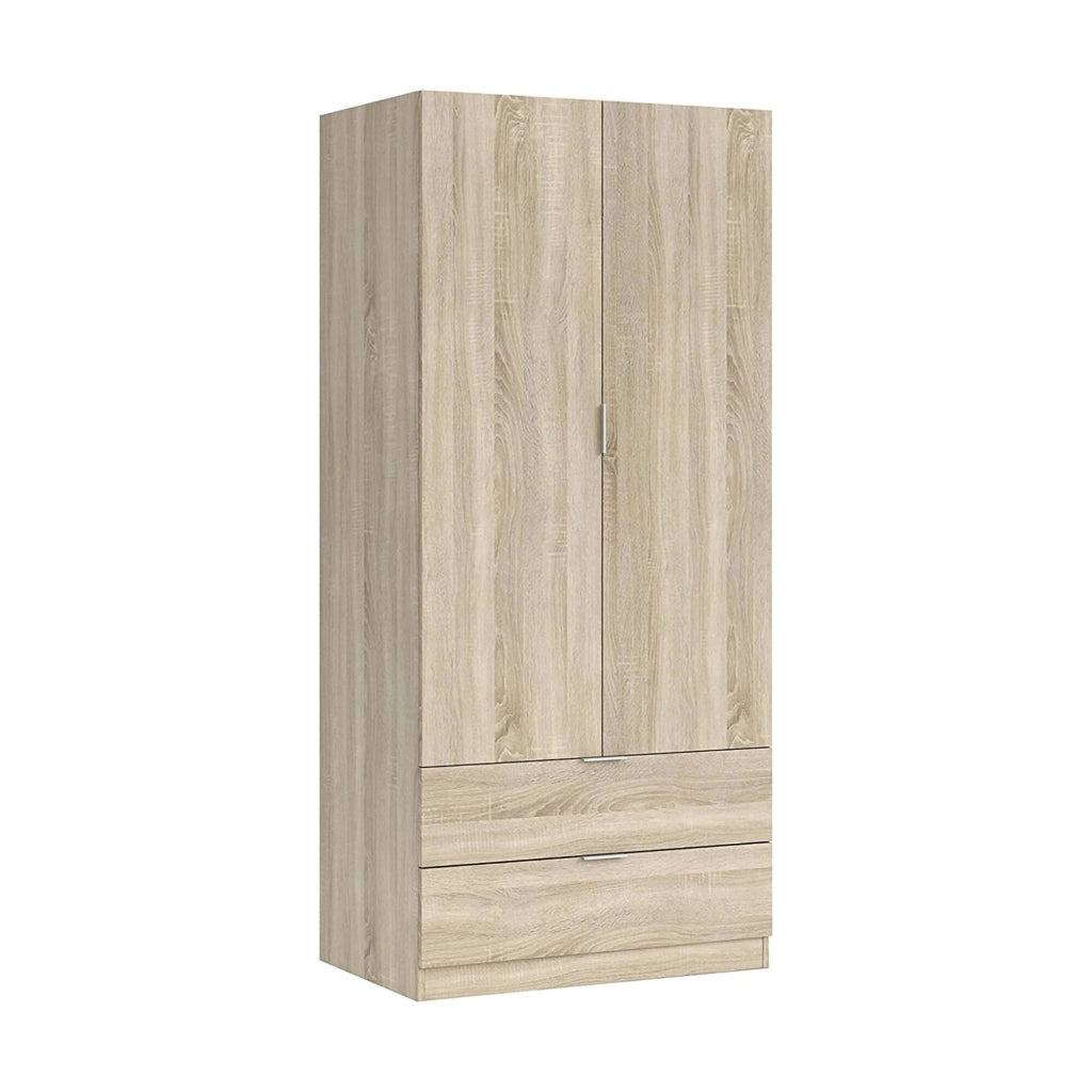 Guardaroba Appadu, Armadio per camera da letto a 2 ante e 2 cassetti, Mobile per camera da letto con barra appendiabiti, cm 81x52h180, Rovere