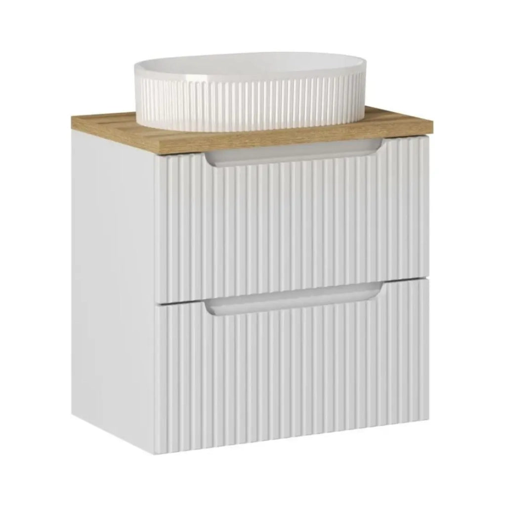Set VANO bianco 60cm: mobile sotto lavabo con cassetti + piano per lavabo in rovere chiaro + lavabo da appoggio bianco scanalato