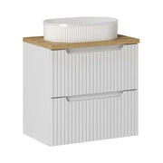 Set VANO bianco 60cm: mobile sotto lavabo con cassetti + piano per lavabo in rovere chiaro + lavabo da appoggio bianco scanalato