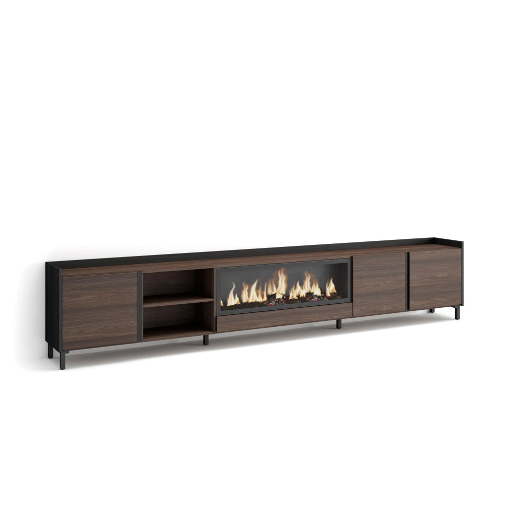 Mobile TV Soggiorno, 315x61x35 cm, Per TV fino a 80", Camino elettrico XXL, Design industriale, Rovere scuro e Nero
