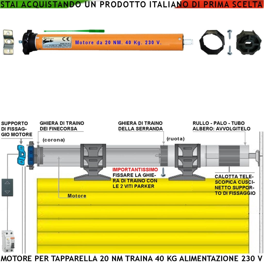 Kit Motore 230 V 140 W Per Tapparella 40 KG Potenza di Traino 20 Nm Sistema Blocco Sollevamento Telo Fine Corsa Regolabili Accessori Meccanici x Tubo Ottagonale Diametro 60 mm Protezione Termica 135°