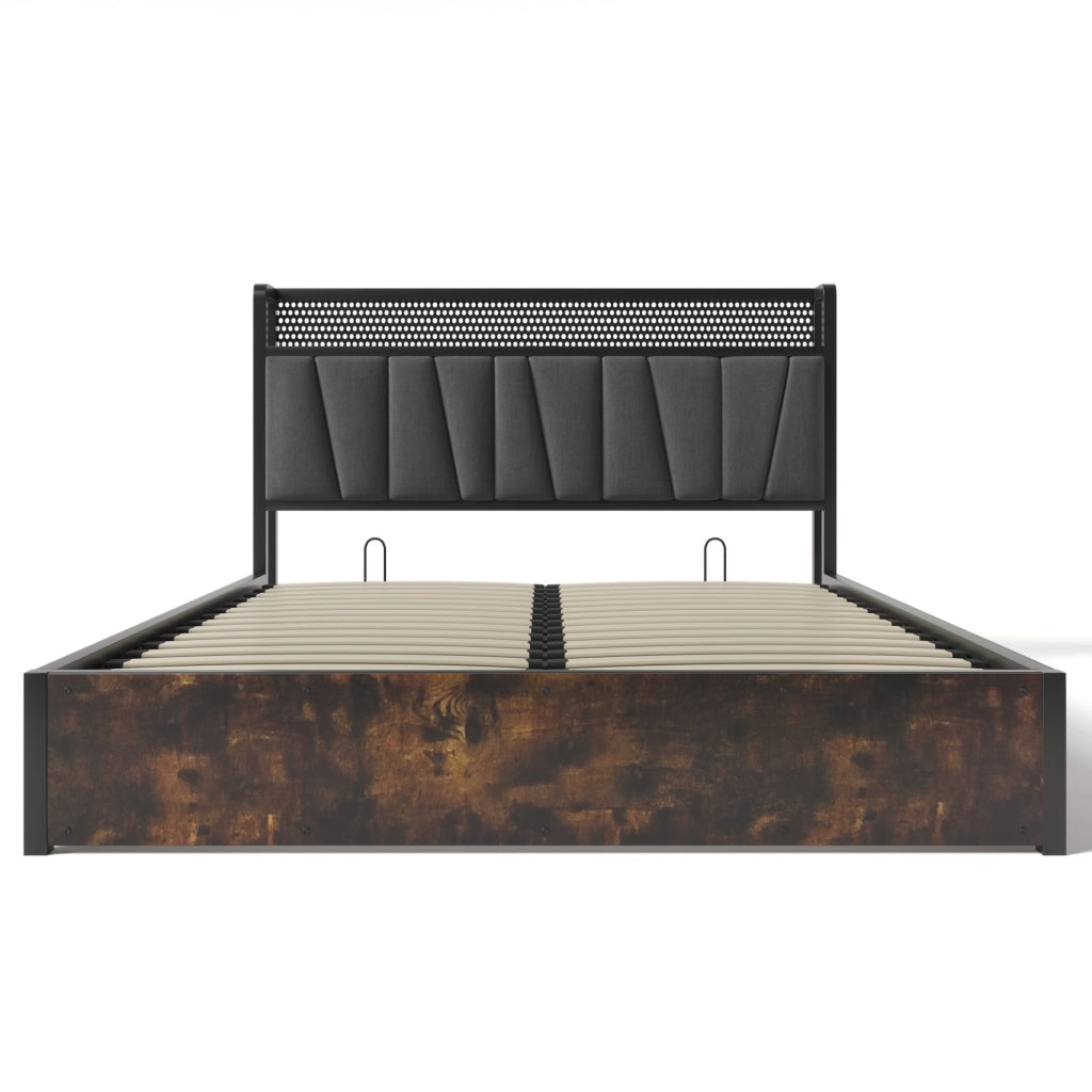 Letti contenitori 160x200 cm; testiera LED con prese USB; lino grigio (Senza materasso)