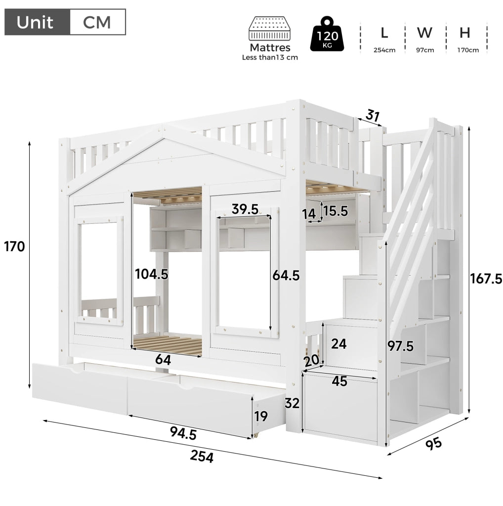 Letto a casetta rialzato per bambini 90x200 cm con scala contenitore; bianco