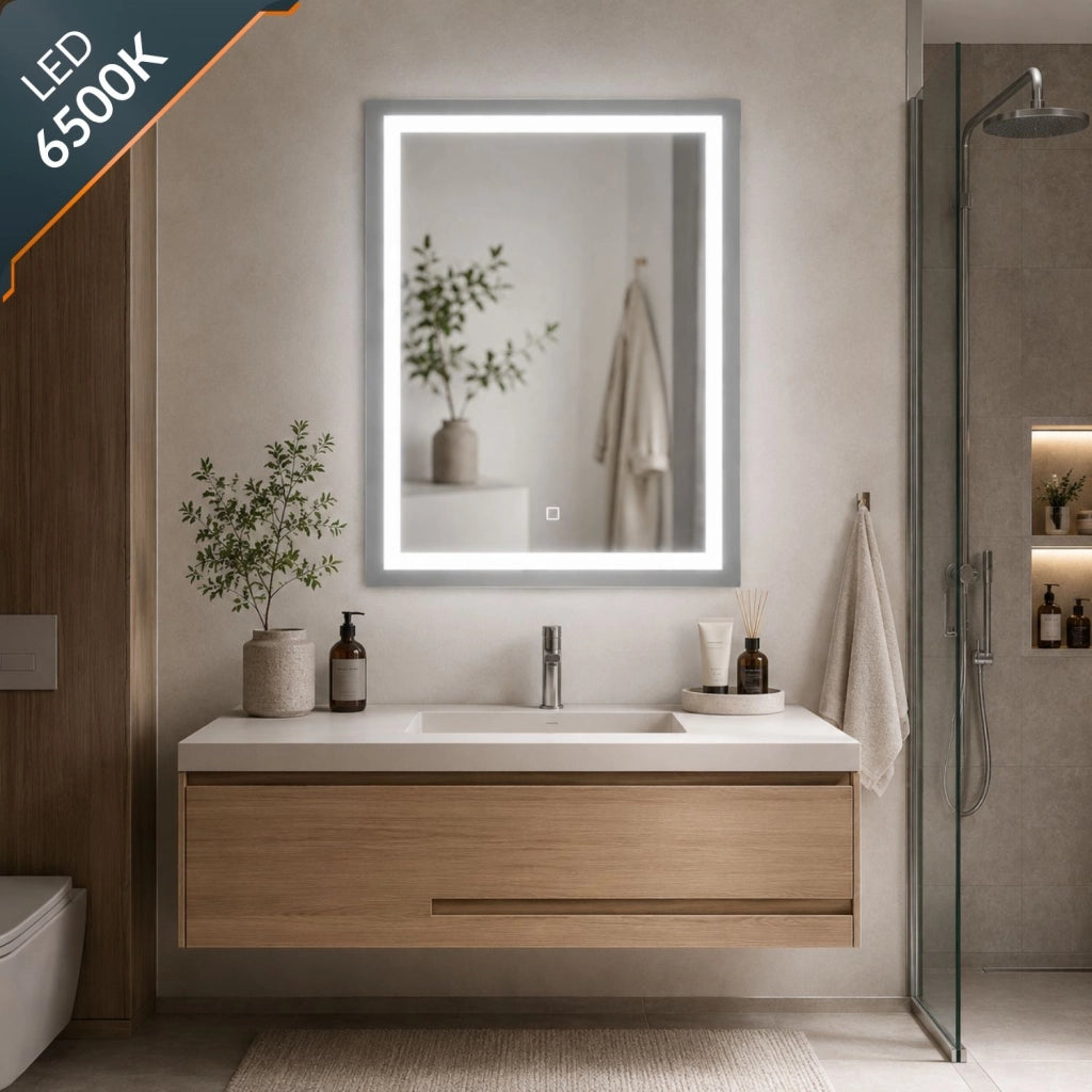 Specchio da bagno ed ambienti rettangolare con cornice led e interruttore touch *** misure 70x90 cm, tonalità standa...