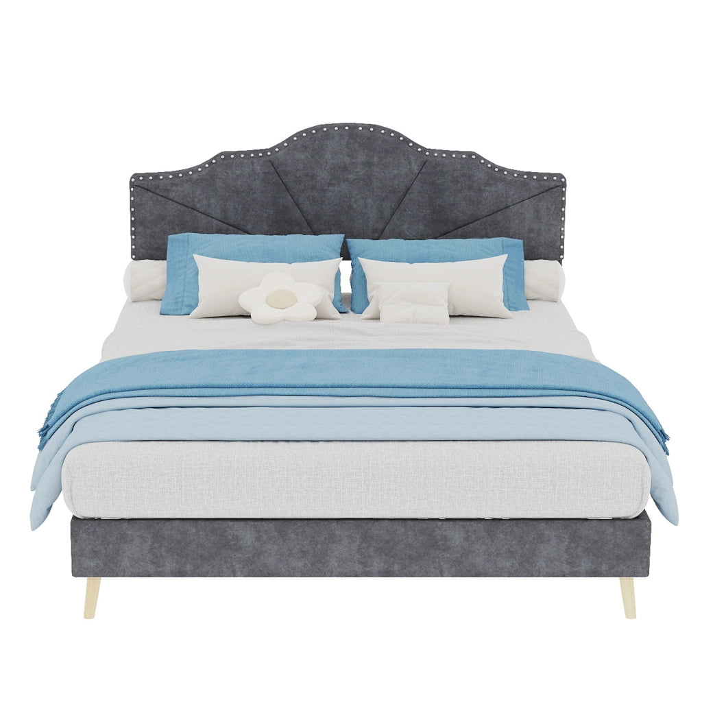 DESMIU Letto 140 × 200 cm 2 posti con testiera geometrica, senza materasso, in tessuto e metallo, grigio