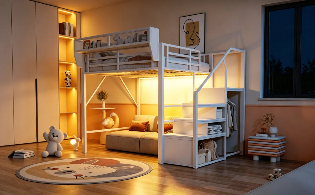 Letto a soppalco 140 × 200 cm con led, scaletta di sicurezza e ripiani, senza materasso, metallo bianco
