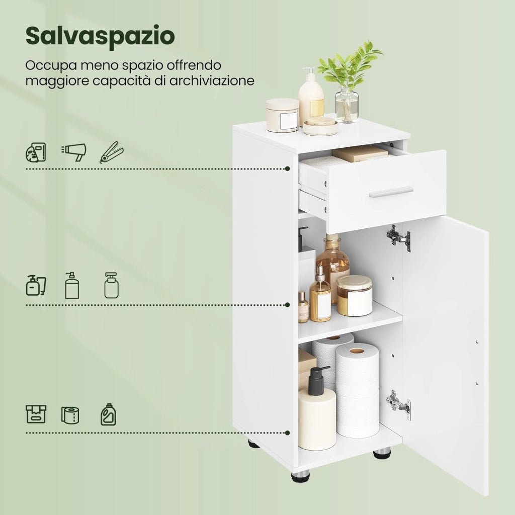 Mobiletto da Bagno Salvaspazio a Colonna, Armadietto in Legno, Mobile da Bagno a Terra, con Cassetto, Anta e Ripiano Regolabile, Bianco