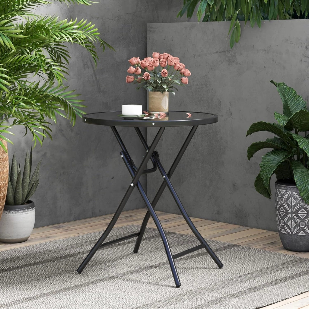 Tavolo Rotondo da 59 cm, Tavolino Pieghevole per Giardino con Piano in Vetro Temperato, Struttura Metallica Robusta, per Esterni per Terrazzo, Balcone, Giardino, Piscina