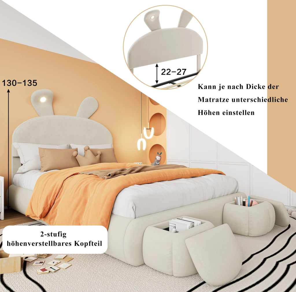 Letto imbottito con contenitore e LED, velluto beige, 140x200 cm