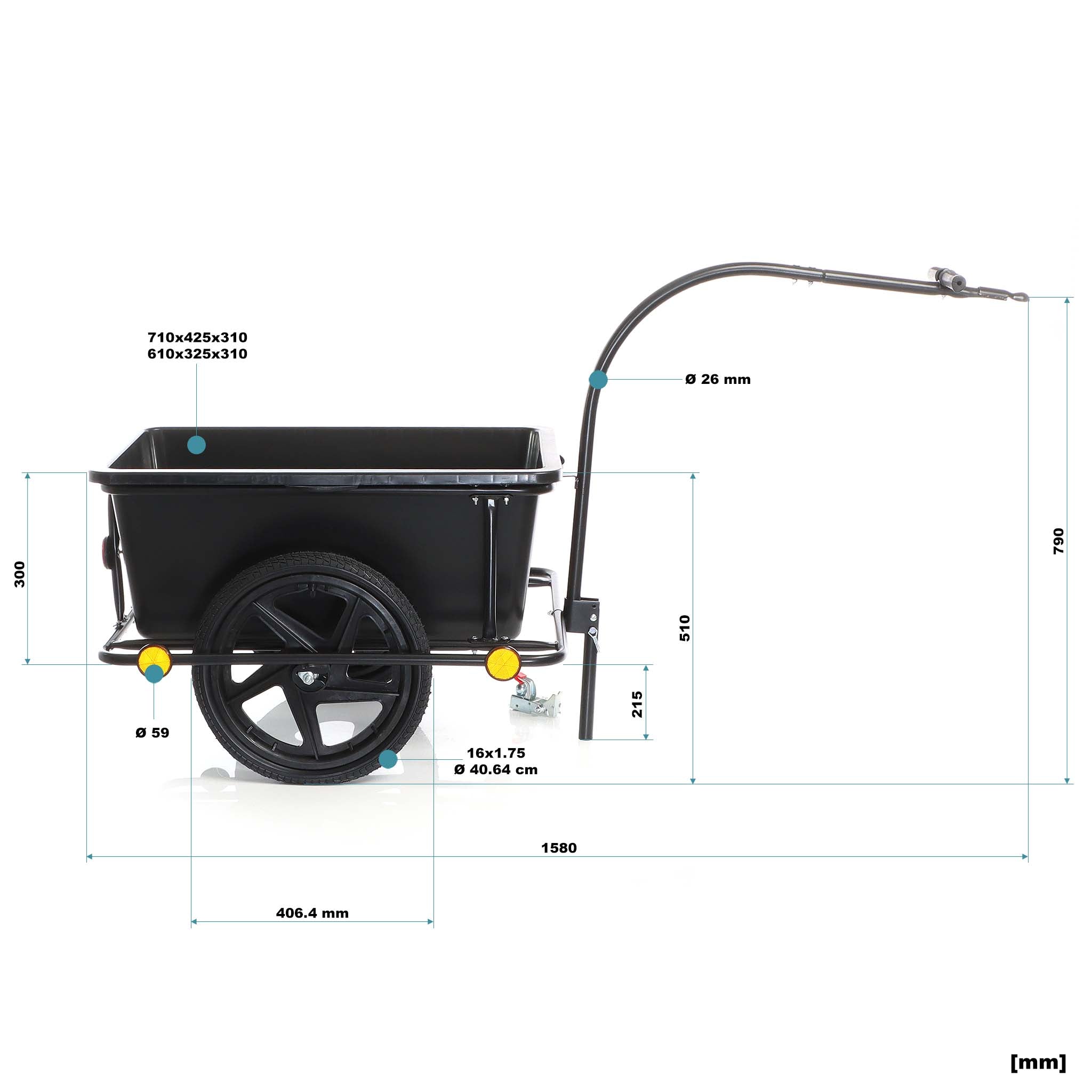 Rimorchio per bici con recipiente da 90 l per carichi fino a 80 kg, con pneumatici da 16"