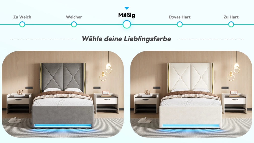 DESMIU Letto contenitore 90 × 200 cm 1 posto con tasche, USB e Type-C, LED, senza materasso, in velluto, beige