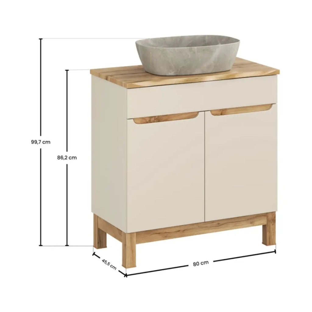 Insieme ERMANO cachemire 80cm: mobile sottolavabo + piano per lavabo bisellato + lavabo da appoggio grigio effetto pietra