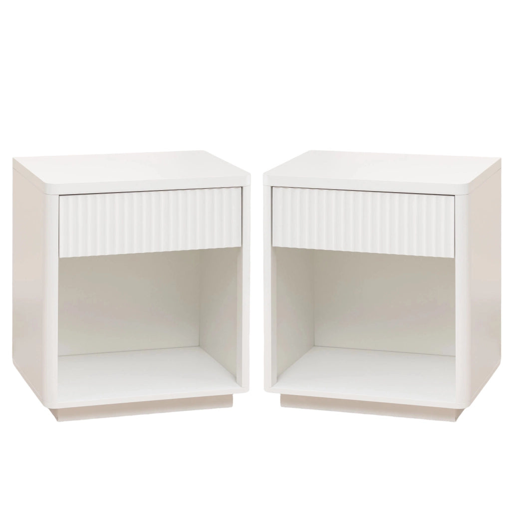 Comodino moderno con cassetto e ripiano aperto, design ondulato, colore bianco