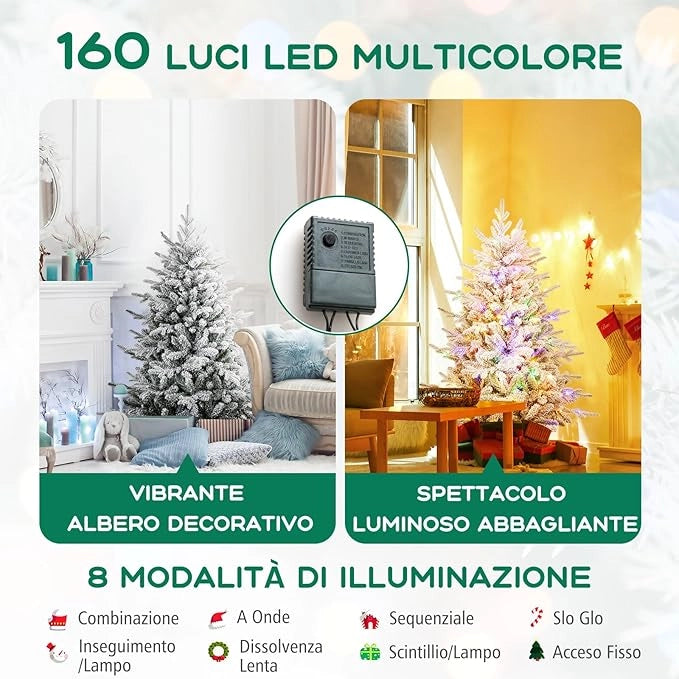 Albero di Natale Artificiale Innevato 147/186/210 CM, Albero di Natale con Cerniera e 8 Modalità luminose, 160/260/350 Luci LED Multicolori e 436/820 /1164 Punte di Ramo in PVC e PE (147 CM)
