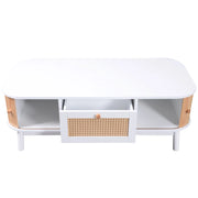 Tavolino da Caffè con 2 Cassetti in Rattan e Ante Scorrevoli; Gambe in Legno Massello; in MDF; Bianco; 110×55×38;5 cm