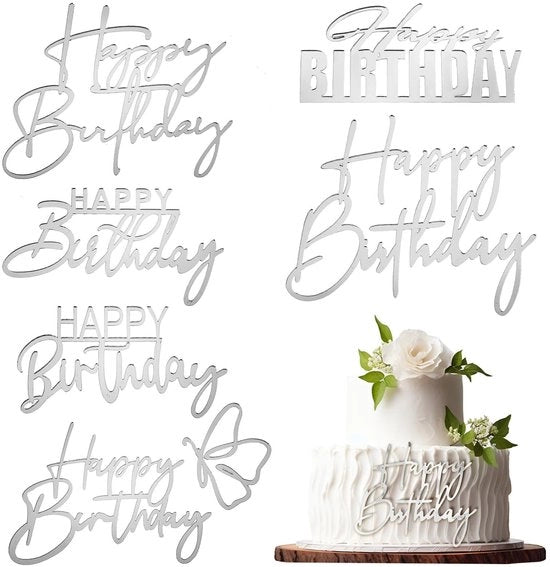 Decorazione per torta Happy Birthday - 6 pezzi - Acrylo - Rinnovabile