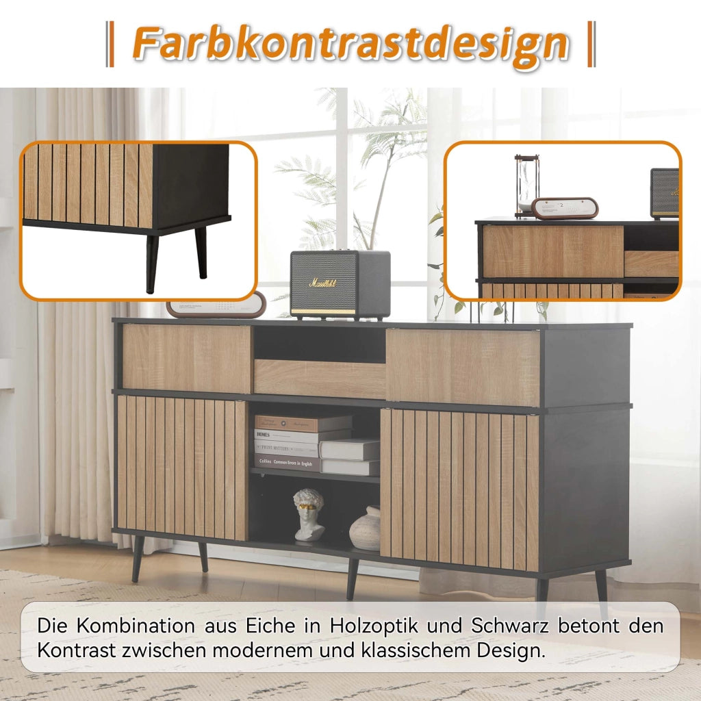 Credenza con 4 ante scorrevoli; 1 cassetto e ripiani regolabili per soggiorno in truciolare nero 160×40×80 cm