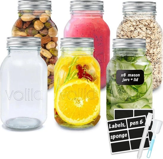Pentole per conserva con coperchio a vite (6 x 1000 ml) Ideale per la fermentazione, pentola per conserva & pentola Weck, pentole per conserva, pentole con coperchio a vite per avena, per l'imbottigliamento e l'imbottigliamento ecc.