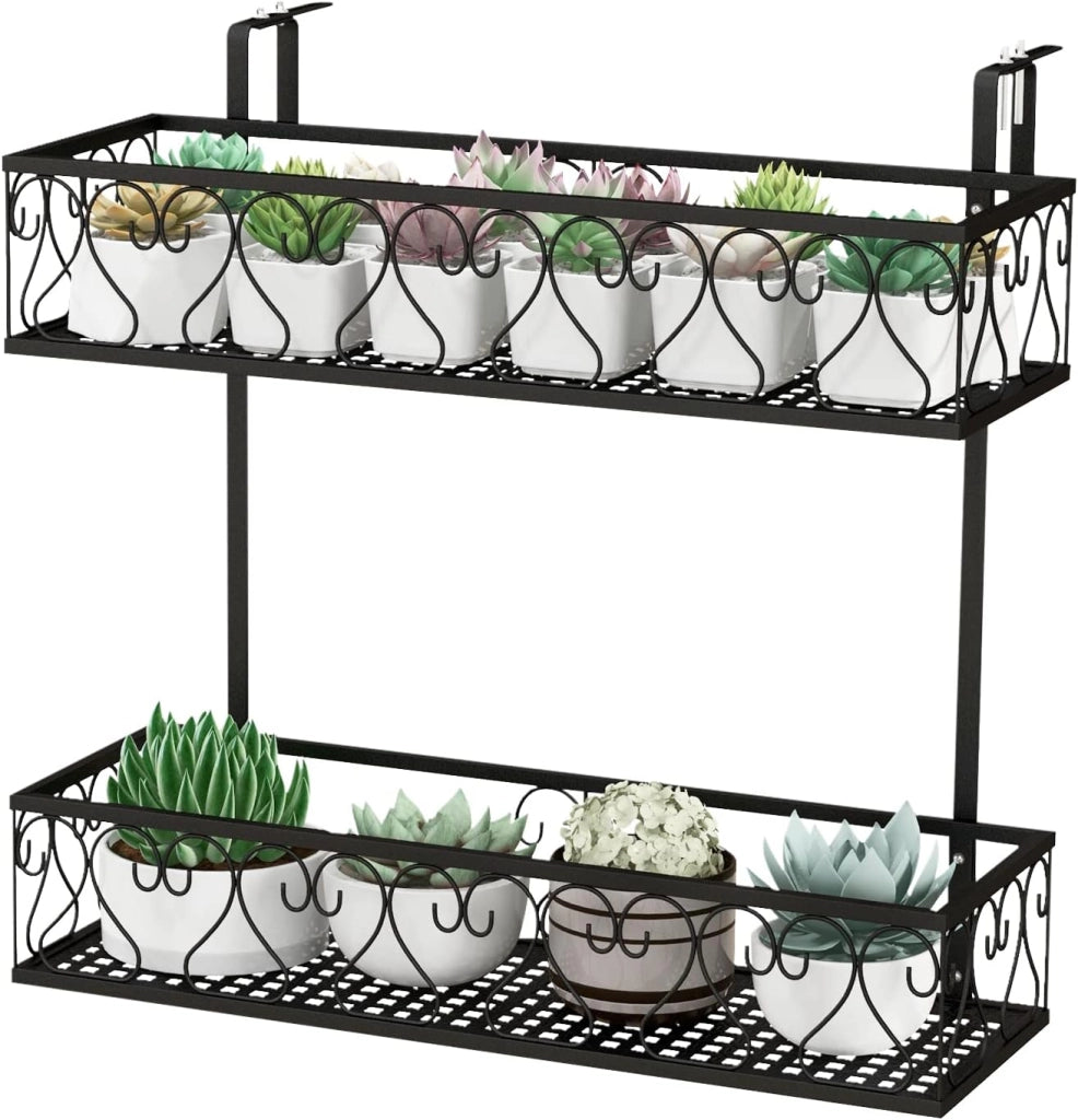Porta Piante a 2 Livelli, Portavasi da Appender con Ganci Regolabili da 5,5-12,5 cm, Portafiori in Metallo da Esterno per Balcone e Recinto, Carico Massimo 30kg, Nero