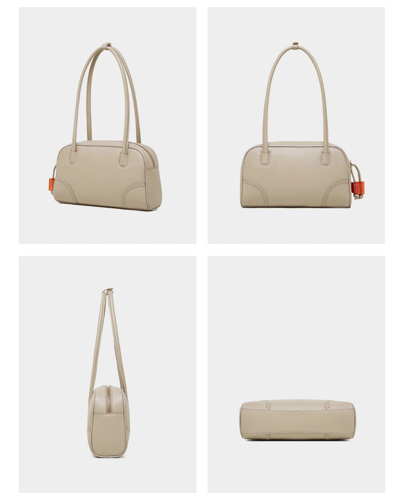 Borsa a mano in vera pelle di grande capacit¨¤, modello bowling bag color crema