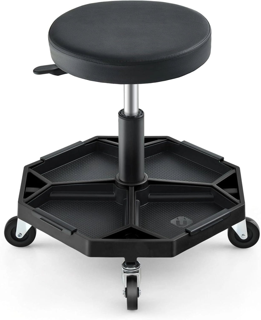 Sgabello rotelle, seduta ergonomica regolabile in altezza 41-55 cm, sgabello con vassoio magnetico rimovibile per riporre attrezzi, carico massimo 150 kg, per officina, garage (nero)