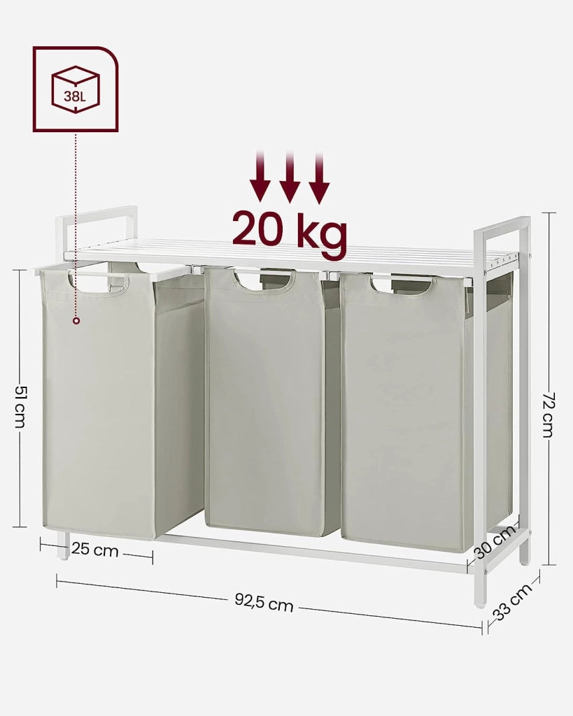 Cesto portabiancheria Valora bianco a 3 scomparti con piano in MDF stile loft