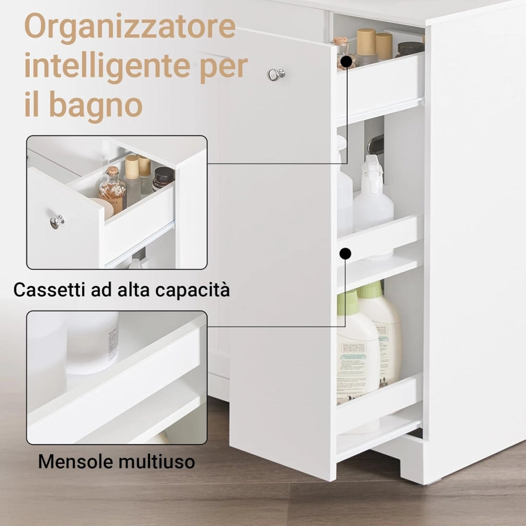 Mobile Bagno Salvaspazio Alto e Stretto Mobile Colonna con 1 Cassetto, 2 Cesti Portabiancheria e Ripiano Estraibile Armadietto da Bagno Multiuso 78x38x90cm BZR214-W