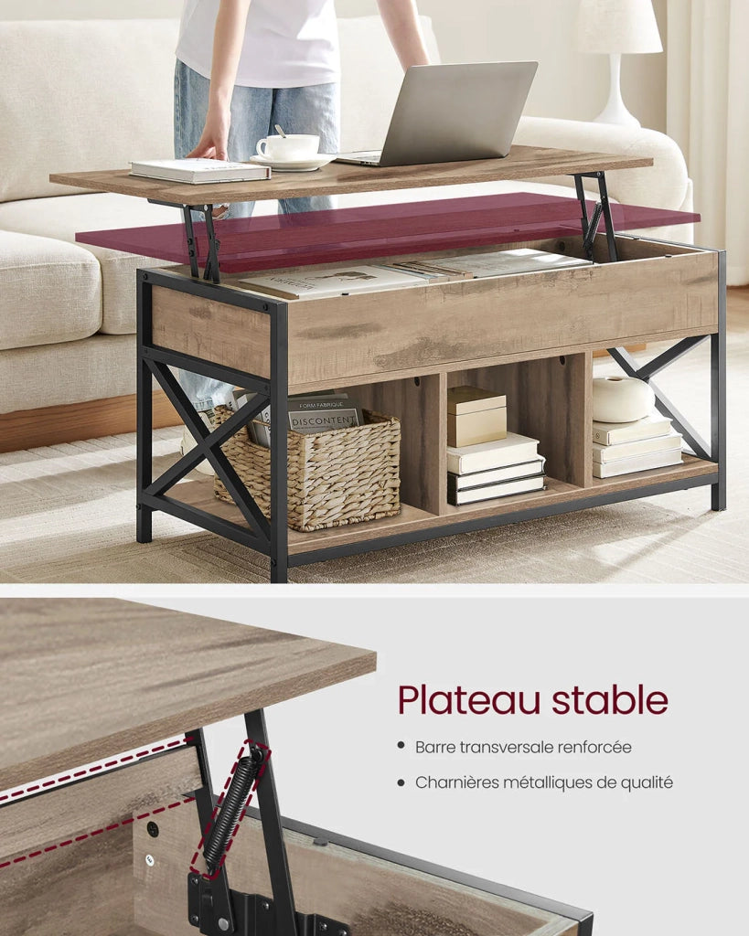 Tavolino da caffè con piano sollevabile vano portaoggetti nascosto e scomparti aperti struttura in acciaio 50 x 100 x 62 cm marrone 12_0007492
