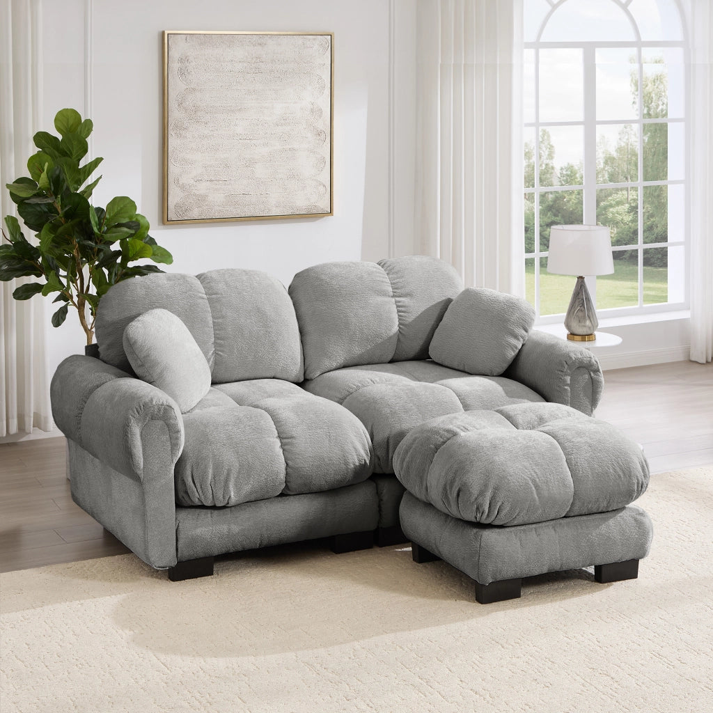 Divano angolare modulare a 2 posti in ciniglia con cuscini trapuntati e pouf mobile grigio chiaro 190 × 149 × 90 cm