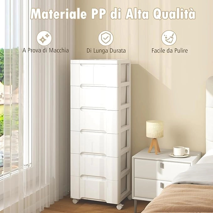 Cassettiera a 6 Cassetti, Comò Camera da Letto con Ruote Universali Bloccabili, Mobile Salvaspazio Moderno per Ufficio, Scrivania, Bagno e Cameretta, 40 x 32 x 114 cm