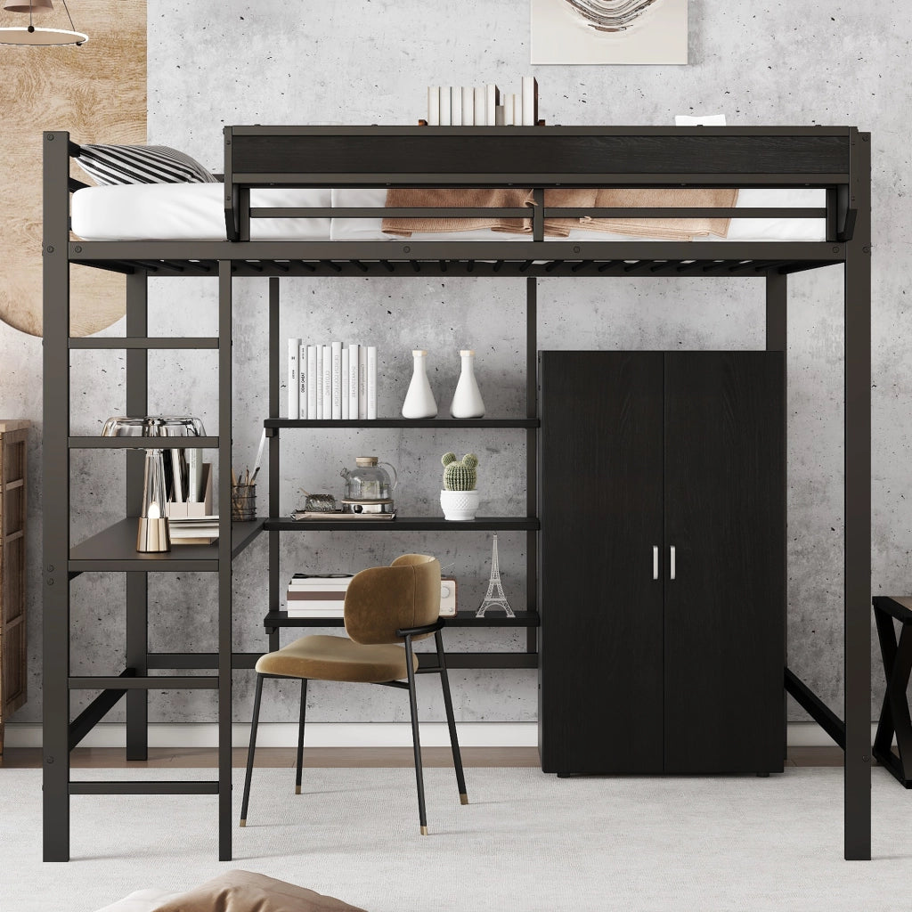 Letto a castello con scrivania e armadio 140x200 cm realizzato in MDF nero e metallo
