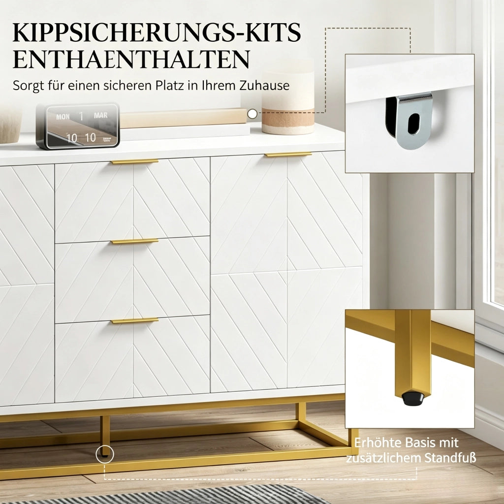 Credenza e madia con 2 ante, 3 cassetti e ripiano regolabile, per sala da pranzo, in MDF e metallo, bianco oro, 120 × 40 × 76 cm